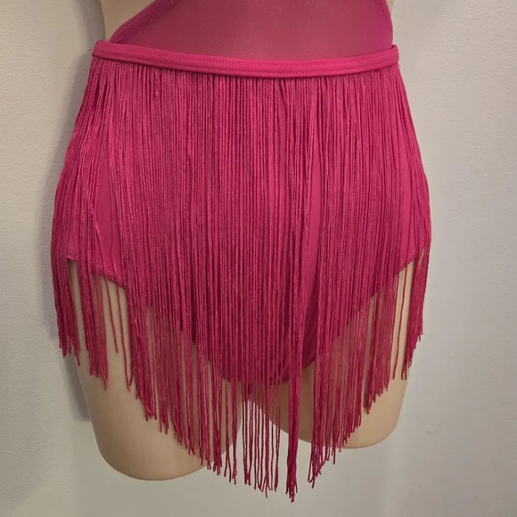 WEISSMAN sequin criss-cross dance leotard bright pink fringe skirt costume Sz Sm - Picture 5 of 8